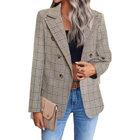 Jackets & Blazers - Business Work Tweed Plaid Jacket Suit Pocket Plaid/Brown